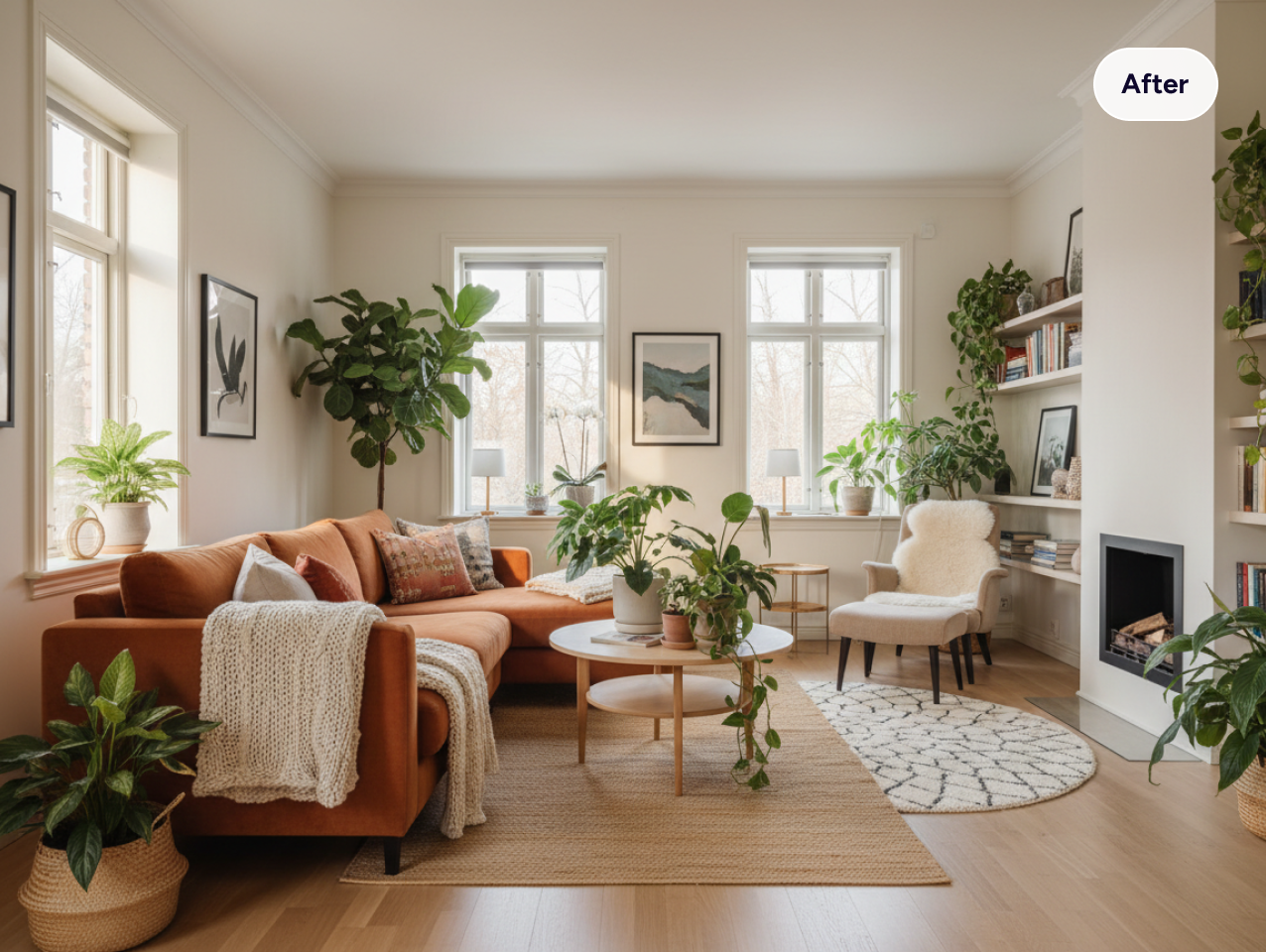 The same living room after an AI redesign — terracotta sofa, plants and warm light