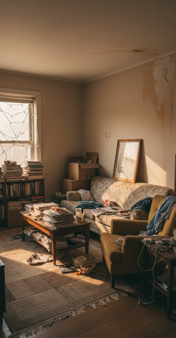 Cluttered, dated living room before AI redesign